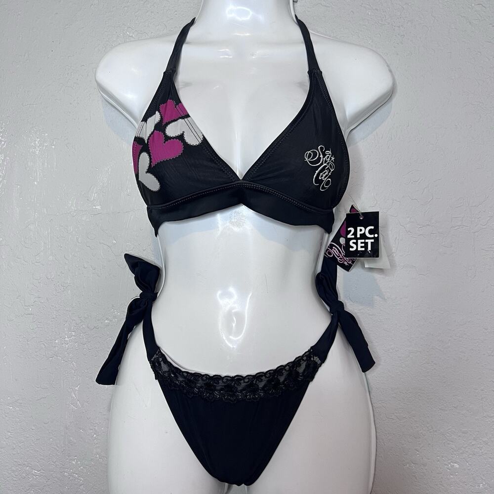 Y2K SoCal Rare Hearts Bikini 2Piece Black & Pink Adjustable Size 7T NWT